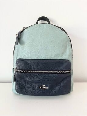 Coach Medium Charlie Backpack Colorblock Leather Seafoam Navy F73116 travel bag